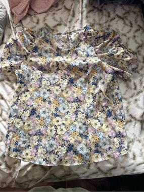 Pleated Puff-Sleeve Floral Blouse in Yellow, Blue & Pink